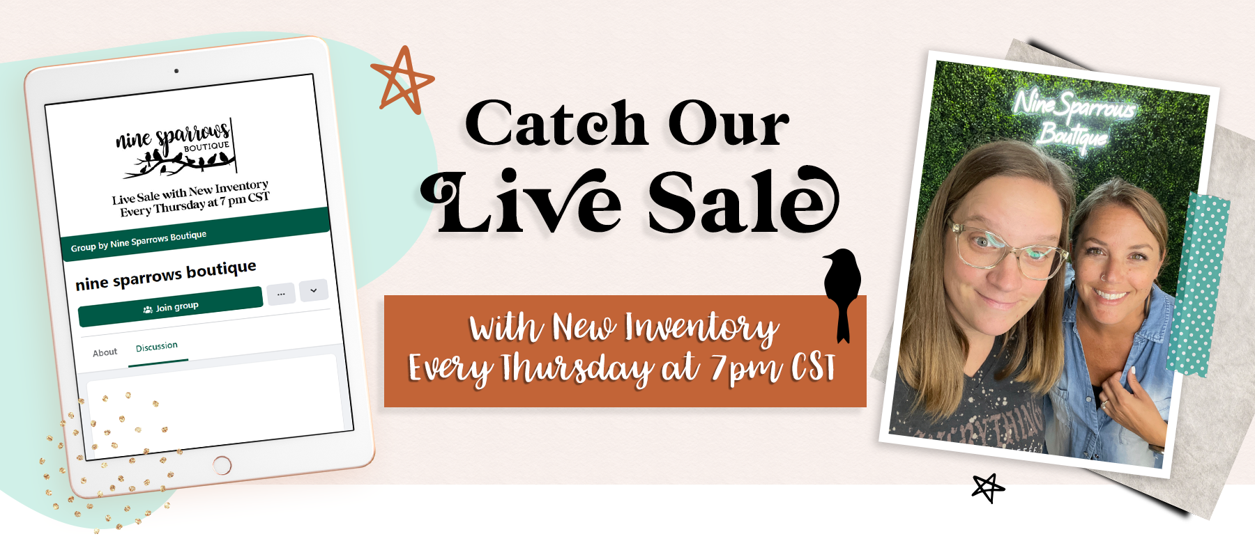 Catch our Lunchtime Live Sale with new inventory every Thursday at 12pm CST