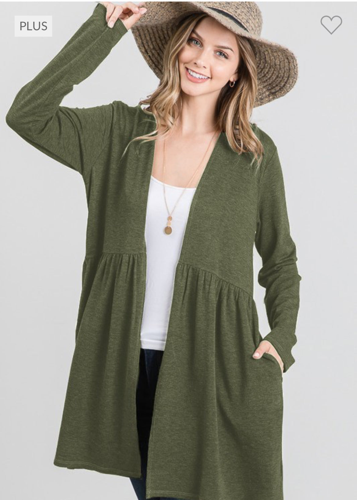 PLUS -SOLID RUFFLED OPEN CARDIGAN- Olive