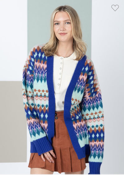 Blue Aztec Knit Sweater Cardigan
