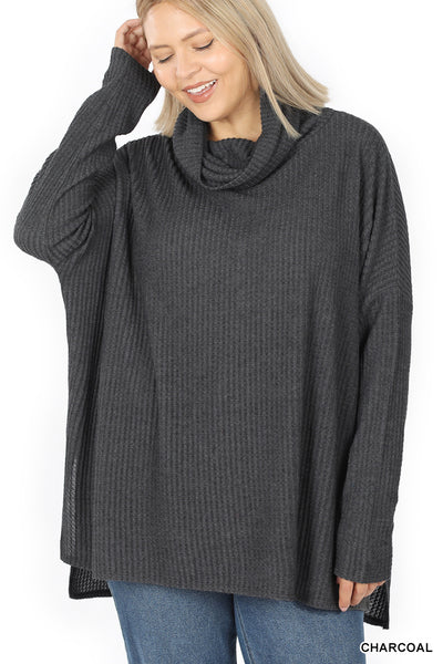 THERMAL WAFFLE COWL NECK SWEATER