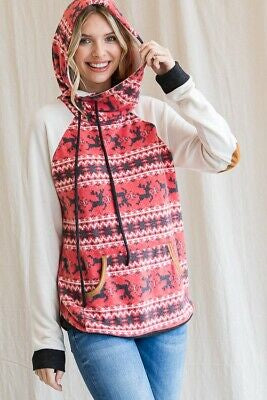 Reindeer Print Raglan Sleeve Hoodie