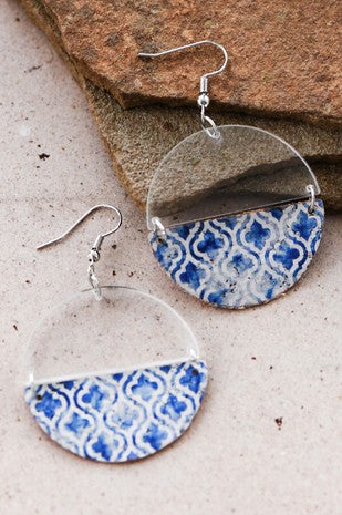 Clear acrylic and printed wood earrings