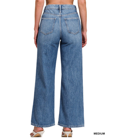 High Waisted Wide Leg Medium Wash Denim Pants