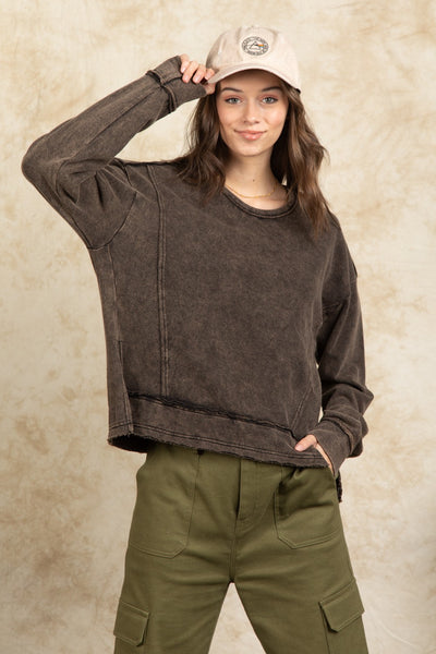 Vintage Mineral Washed Solid Casual Knit Top