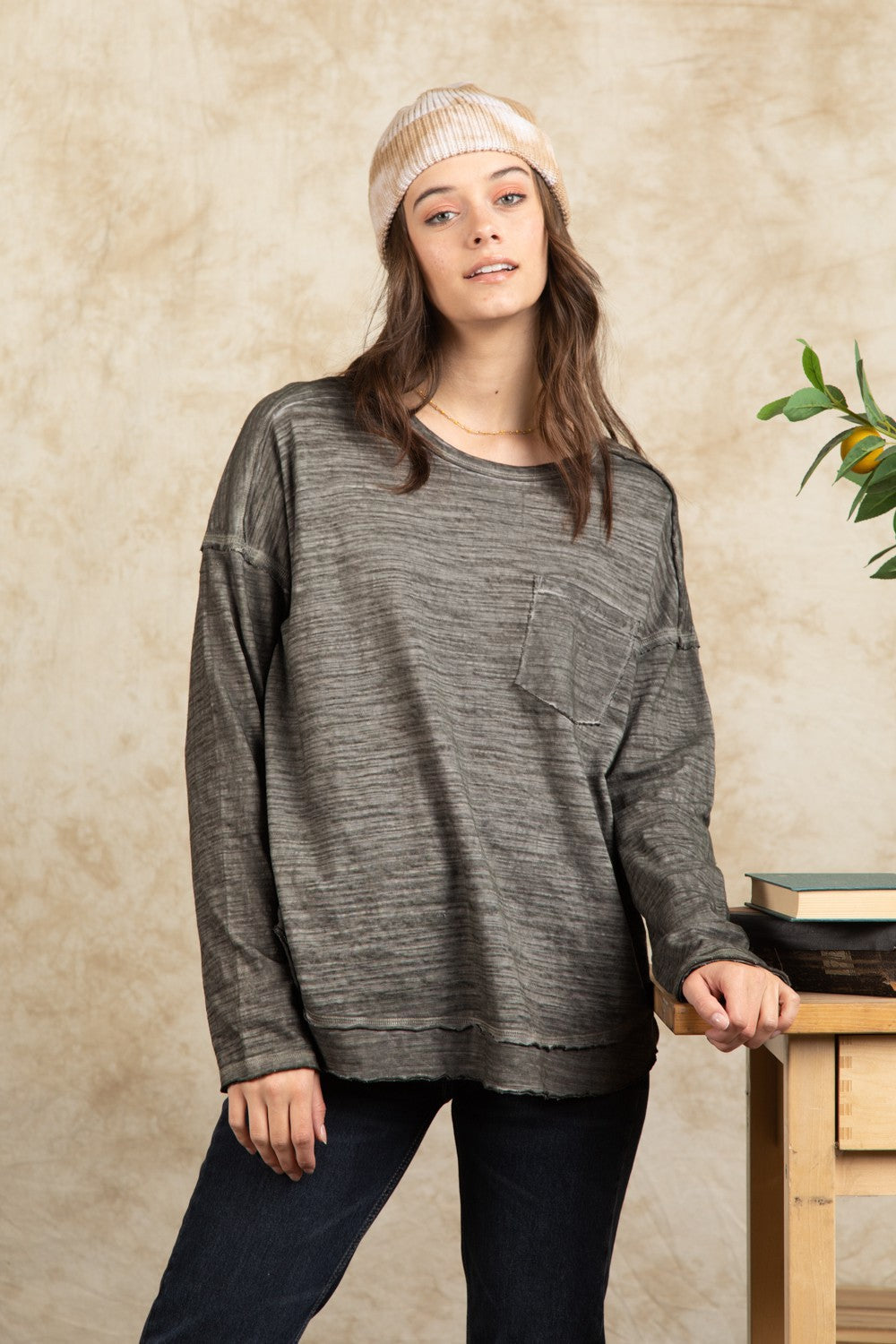 Raw Edge Detail Washed Oversized Comfy Knit Top