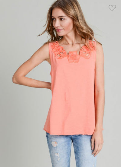 Coral Embroidered Knit Tank