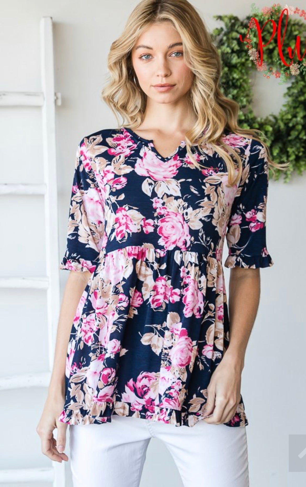 Half Sleeve Floral Top with Ruffled Detail