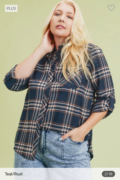 Plus- Plaid w/ Roll Up Sleeve Top