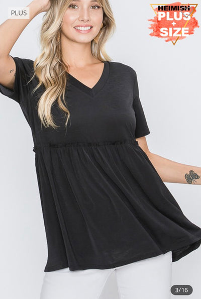 Plus- Solid V-Neck W/ Ruffle Detail